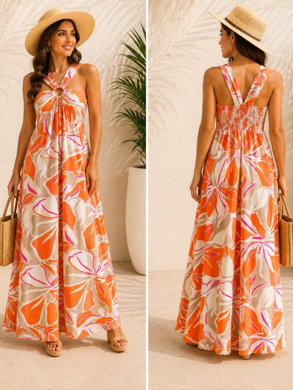 Gef France Maxi Dress Womens M Orange Floral Halter O-Ring Smocked Back‎ Summer